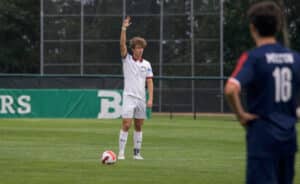 Northfield Mount Hermon's John Senn-McNally prepares to take a free kick against Milton Academy. (Courtesy photo)