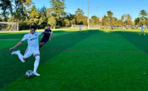 Diego Rivera of NEFC prepares to blast the ball upfield on Saturday. (Matt Doherty/NESJ)